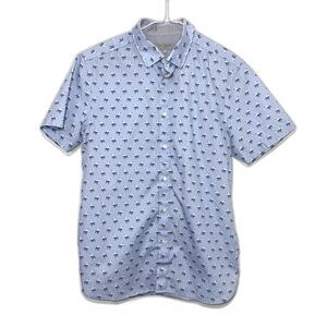 Ted Baker Short Sleeve Novelty Print Flamingos Button Down Shirt - Blue 3/M